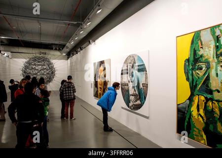 Visitatori che osservano opere d'arte durante una mostra allo Istanbul Modern Museum of Modern Art a Karaköy, Istanbul, Turchia, il 22 ottobre 2015 Foto Stock