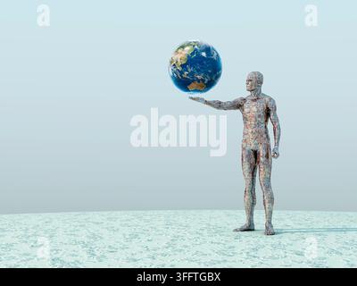Un robot che tiene un globo con la mano destra estesa Foto Stock