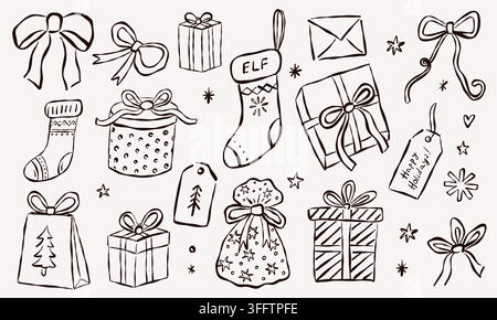 Set natalizio disegnato a mano con scatole regalo, borse, calze, fiocchi, nastri, buste ed etichette isolati su bianco. Ideale per biglietti di auguri e confezioni Illustrazione Vettoriale