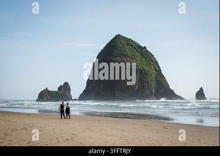 Haystack Rock nella città costiera di Cannon Beach, Oregon Coast, USA. Foto Stock