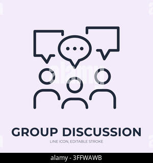 Icona lineare di discussione di gruppo. Illustrazione vettoriale lineare di conversazione di squadra. Segnino sottile di tre persone con palloncini per la comunicazione, riunione Illustrazione Vettoriale