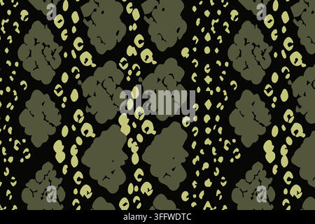 Modello senza cuciture ispirato agli animali con grandi forme olive irregolari circondate da piccoli punti giallo pallido e segni astratti. Il nero profondo Illustrazione Vettoriale