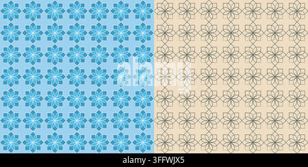 Set di 2 motivi geometrici floreali senza cuciture. Design di piastre classiche con simbolo floreale, griglia di emblema a tratto di pennello schizzato, motivo mandala semplice. Toni blu o Illustrazione Vettoriale