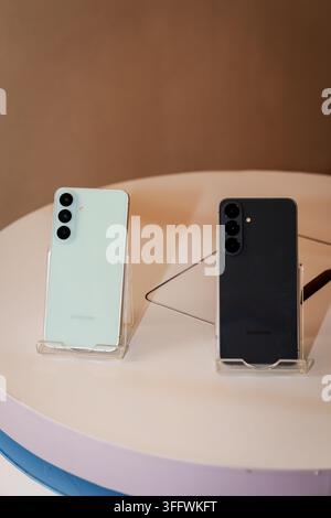 RIGA, LETTONIA. 25 agosto 2026. Opzioni di colore verde chiaro e grigio scuro del Samsung Galaxy S26 FE presentate fianco a fianco su supporti trasparenti. Foto Stock