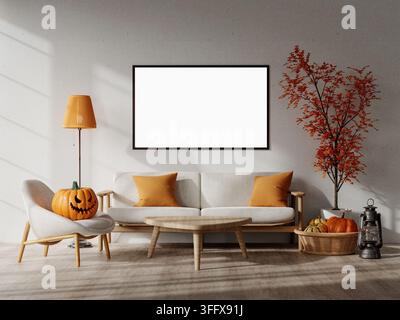 Renderizzazione 3D di un modello di cornice vuota in un accogliente soggiorno di Halloween con decorazioni di zucca intagliata Foto Stock