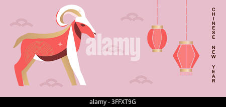 Banner per il Capodanno cinese dell’Anno della Capra 2027. Design orizzontale in stile piatto minimalista. Illustrazione vettoriale della capra cinese e lanterne, ornamenti orientali Illustrazione Vettoriale