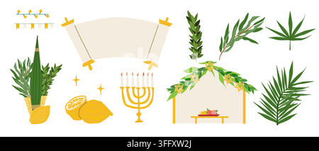 Set di elementi per la festa di Sukkot con una sukkah decorata, lulav, etrog, rami di palma, rami di salice e mirto, ghirlande festive e Holi ebraico Illustrazione Vettoriale