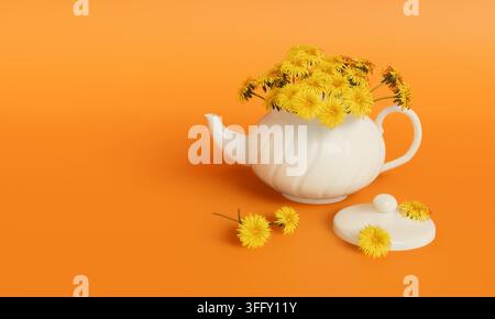 Teiera e fiori gialli su sfondo arancione, rendering 3D. Foto Stock