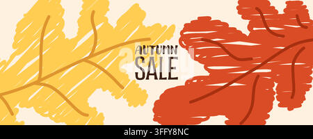 Offerta di vendita autunnale con grandi foglie strutturate, vettore disegnato a mano Illustrazione Vettoriale