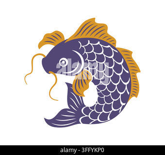 Elemento di design della carpa koi asiatica giapponese, motivo ornamentale di pesce orientale con pinne fluenti, baffi e squame decorative. Simbolo di pesce vettore della cultura giapponese, del festival, della fortuna, della prosperità e della tradizione Illustrazione Vettoriale