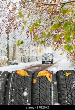 Autunno - tempo di cambiare le gomme con pneumatici invernali. Poster con spazio libero. Foto Stock
