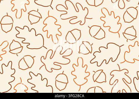 modello senza cuciture con foglie di quercia e ghiande in stile doodle disegnato a mano; sfondo autunnale - illustrazione vettoriale Illustrazione Vettoriale