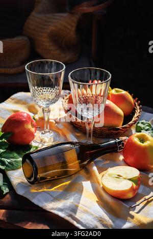 Picnic rustico in giardino con raccolta delle mele e bottiglia di sidro fatto in casa Foto Stock