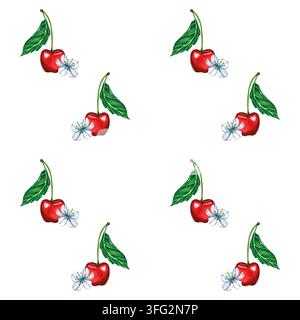 Modello botanico senza cuciture con ciliegie rosse dipinte a mano, foglie verdi e fiori bianchi, disposti su uno sfondo bianco. Illustrazione acquerellata di Foto Stock