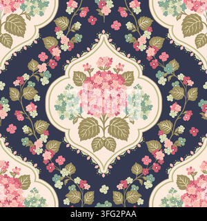 Modello floreale senza cuciture con ortensie vintage che presenta eleganti medaglioni ornamentali e fogliame botanico decorativo ovunque Illustrazione Vettoriale