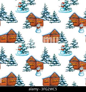 Modello invernale senza cuciture con accoglienti capanne innevate, allegri pupazzi di neve e alberi sempreverdi coperti di neve su sfondo bianco. Illustrazione ad acquerello dell'inverno Foto Stock