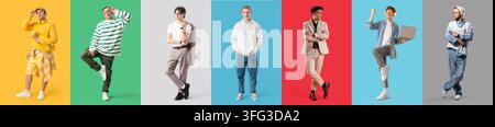 Diversità e inclusione, gruppo di giovani uomini con stili e professioni diverse in fila su sfondi colorati per il branding aziendale Foto Stock