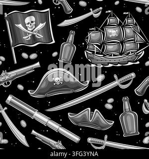 Motivo senza cuciture Pirati Vettoriali, sfondo monocromatico con illustrazioni ritagliate di simboli di pirati grigi diversi per feste per bambini, copertina quadrata con Illustrazione Vettoriale