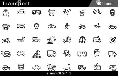 Set di icone per linee di trasporto con 40 simboli in contorno tra cui autobus passeggeri, camion merci, auto elettrica, treno, aereo e icone di veicoli. Illustrazione Vettoriale