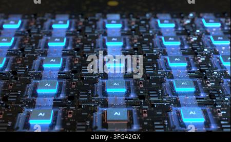 Tecnologia AI (intelligenza artificiale), concetto di CPU con circuito stampato Foto Stock