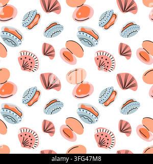Simpatico motivo senza cuciture con conchiglie rosa aperte e vongole con perle su sfondo bianco, ideale per imballaggi marini, menu di frutti di mare, tessuti, Illustrazione Vettoriale