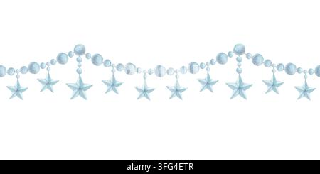 Ghiera di perle ad acquerello con bordatura senza cuciture e stelle dorate sospese illustrazione isolata. Ornamento di perline natalizie disegnato a mano Foto Stock