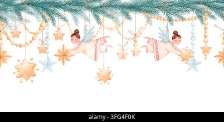 Bordo natalizio senza cuciture in acquerello con angeli volanti, rami di abete, stelle sospese, perle e ornamenti. Design disegnato a mano Foto Stock