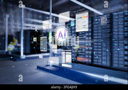 Interfaccia di tecnologia AI con rendering 3D dell'interno di un data center con rack di server Foto Stock