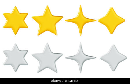 Set realistico di stelle 3D in oro e argento su sfondo bianco. Illustrazione vettoriale di segni gialli scintillanti per badge, recensione, trofeo e design di decorazioni festive, icone di premi di qualità premium Illustrazione Vettoriale