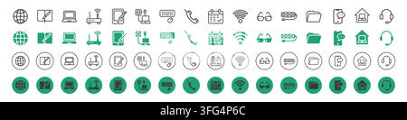 Collezione di icone di lavoro da remoto su sfondo bianco. Illustrazione vettoriale di simboli rotondi dell'ufficio domestico, Wi-Fi, laptop, sedia, lampada, tablet, telefono, cartella, tazza di caffè e simboli di orologio per interfaccia web Illustrazione Vettoriale