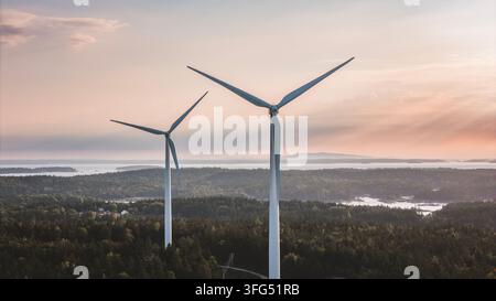 Due turbine eoliche che si ergono sopra una foresta costiera al tramonto Foto Stock