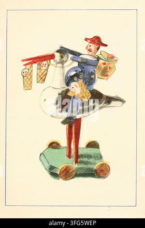 Illustrazione storica dal libro Toys, dipinta da Walter Trier (1890–1951), pubblicata nel 1922. Una figura giocattolo articolata colorata si trova su una piattaforma verde con ruote, indossa un cappello rosso e abiti blu, con piccole figure sospese, un sacco e una grande forma a ombrello. Immagini vintage per bambini e design di giocattoli dell'inizio del XX secolo. Foto Stock