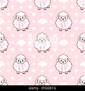 Simpatico motivo vettoriale senza cuciture con adorabili pecore bianche in cartone animato, fiocchi rosa circondati da nuvole a forma di cuore, sfondo rosa perfetto per carta da parati in tessuto per bambini Illustrazione Vettoriale