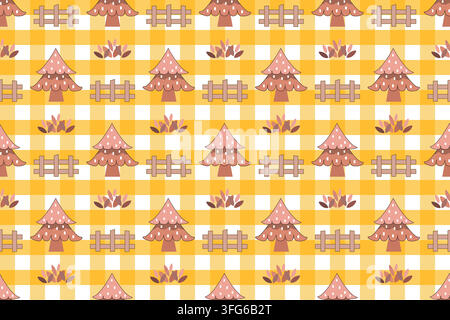 modello vettoriale autunnale carino e senza cuciture con pini rosa, recinzioni di legno, piccoli cespugli disposti a file su un vivace plaid a quadri giallo-bianco gingham Illustrazione Vettoriale