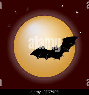 Design spettrale di Halloween con silhouette di pipistrelli volanti con occhi luminosi davanti a una grande luna piena, perfetto per poster festivi, pa mistica Illustrazione Vettoriale