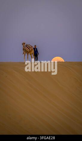 Cammello con uomo arabo seduto sulla duna di sabbia durante il bellissimo tramonto sul deserto del Sahara a Mos Espa, Tunisia. Foto Stock