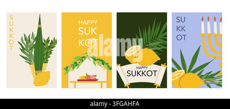 Collezione di biglietti per le festività di Sukkot con affascinanti scene di sukkah, rami di palma, frutti di agrumi etrog, menorah e simboli tradizionali di arba minim, realizzati in uno stile vettoriale piatto e disegnato a mano moderno. Illustrazione Vettoriale