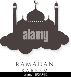 Illustrazione vettoriale Ramadan Kareem con una silhouette di moschea appoggiata su nuvole con minareti, cupola centrale e simbolo di mezzaluna. Illustrazione Vettoriale