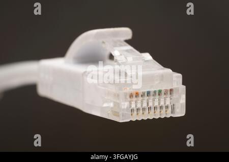 Primo piano di un connettore per cavo di rete LAN Cat 6A RJ45 Ethernet con corpo bianco e pulsante trasparente su sfondo bianco Foto Stock