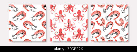 Collezione di motivi senza cuciture con gamberetti rosa e polpi come frutti di mare Illustrazione Vettoriale