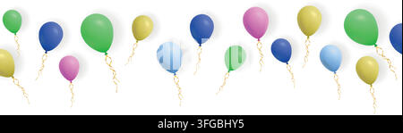 Palloncini colorati fluttuanti isolati su sfondo bianco. Banner decorativo per feste realistico con spazio per il testo Illustrazione Vettoriale