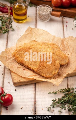 Cotoletta di pollo impanata e fritta croccante su tavola Foto Stock