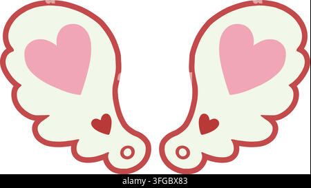 Illustrazione piatta di ali rosa arrotondate contornate in rosa scuro con grandi forme a cuore e piccole volute decorative vicino ai bordi inferiori Illustrazione Vettoriale