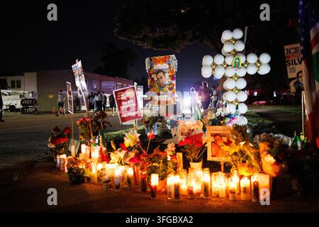 Candele, fiori, cartelli e un ritratto incorniciato da fiori illuminano un memoriale all'angolo della strada per Silverio Villegas Gonzalez durante una veglia a Franklin Park, Illinois, il 15 settembre 2025. Villegas Gonzalez è stato ucciso a colpi di arma da fuoco da un agente dell'U.S. Immigration and Customs Enforcement (ICE) durante un controllo stradale. Cartelli con la scritta "Siamo essenziali, non illegali!" e appelli alla responsabilità dell'ICE circondano il memoriale insieme a croci di palloncini e immagini della Nostra Signora di Guadalupe. (Foto di Armando L. Sanchez/Chicago Tribune/TNS/Sipa USA) Foto Stock