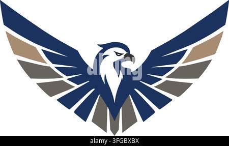 Illustrazione piatta di un aquila stilizzata con ali geometriche aperte in grigio blu marino e crema, disposta come un emblema simmetrico audace Illustrazione Vettoriale