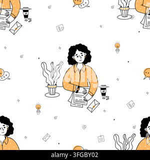 Ufficio domestico. Motivo senza cuciture con donna d'affari che lavora alla scrivania con caffè su sfondo bianco. Doodle, linee disegnate a mano. Illustrazione vettoriale Illustrazione Vettoriale