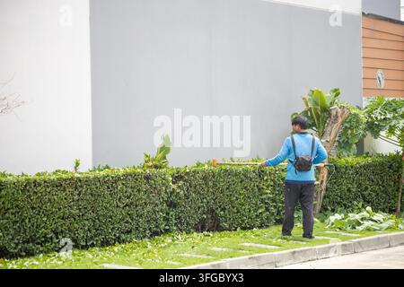 Giardiniere professionista che taglia un grande prato ben curato con un tagliaerba Foto Stock