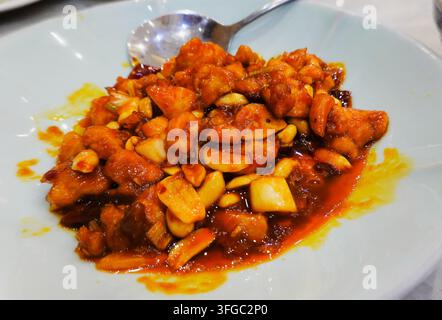 Pollo Kung Pao classico del Sichuan, pollo a cubetti saltato con arachidi e peperoncini essiccati in una salsa rossa lucida, servito su un piatto bianco. Foto Stock