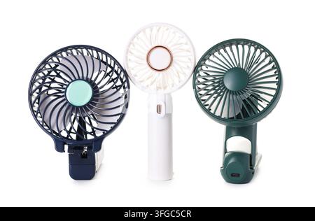 Tre mini ventole portatili isolate su bianco Foto Stock