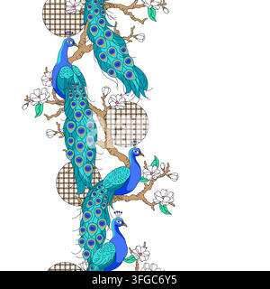 Modello senza cuciture con foresta di pavoni. Uccelli esotici tropicali. Fauna selvatica della giungla. Illustrazione Vettoriale